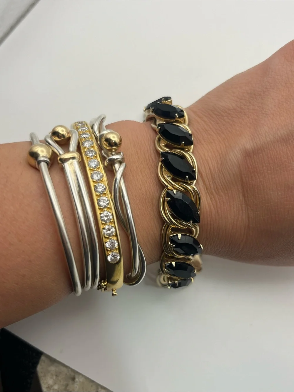 Dark navette rhinestone gold tone chunky link vintage bracelet